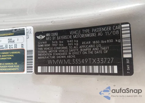 2009 Mini Cooper Clubman z USA, uszkodzony, nr VIN WMWML33549TX33727